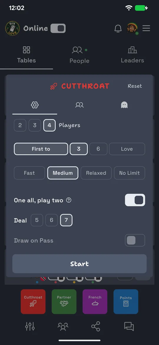 The Create Table settings screen
