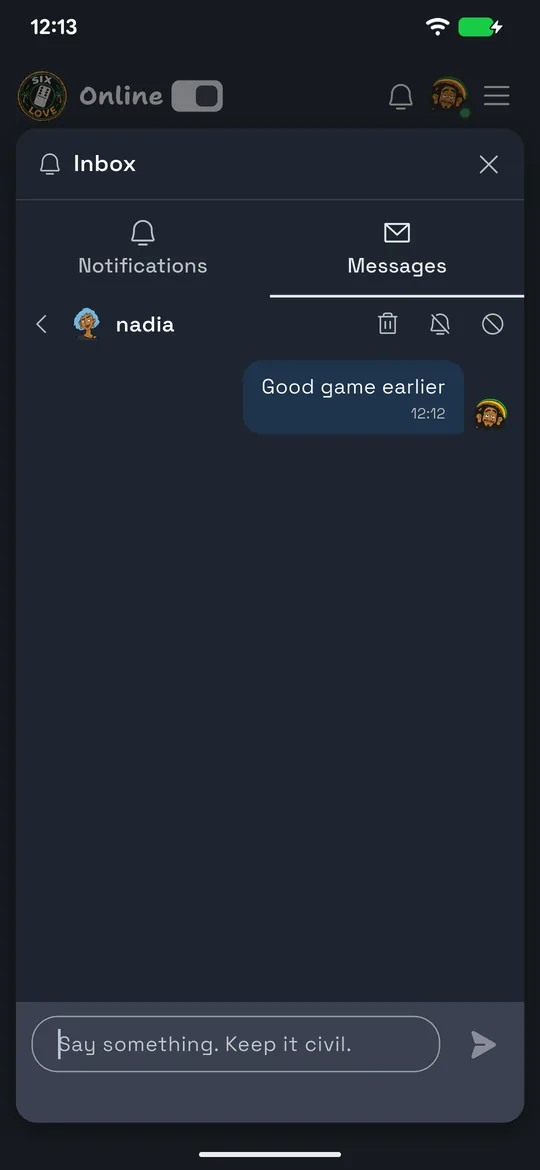 A private message thread in SixLove