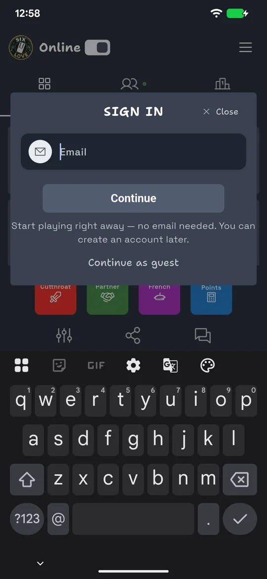 The SixLove sign-in dialog with the guest option