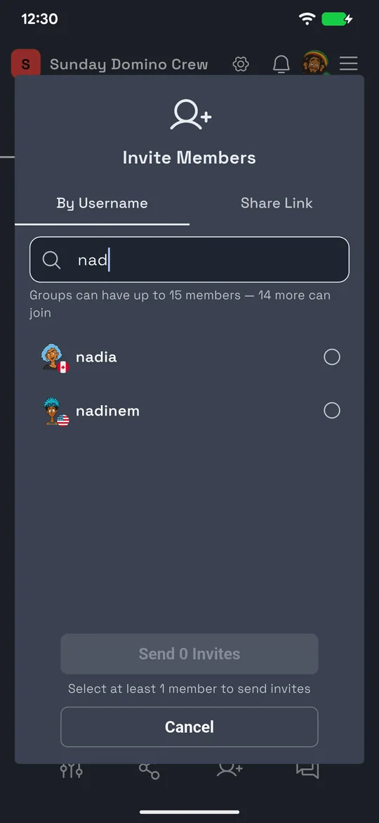 The group invite screen