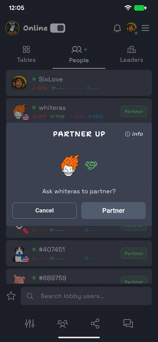 The SixLove Partner Up confirmation dialog
