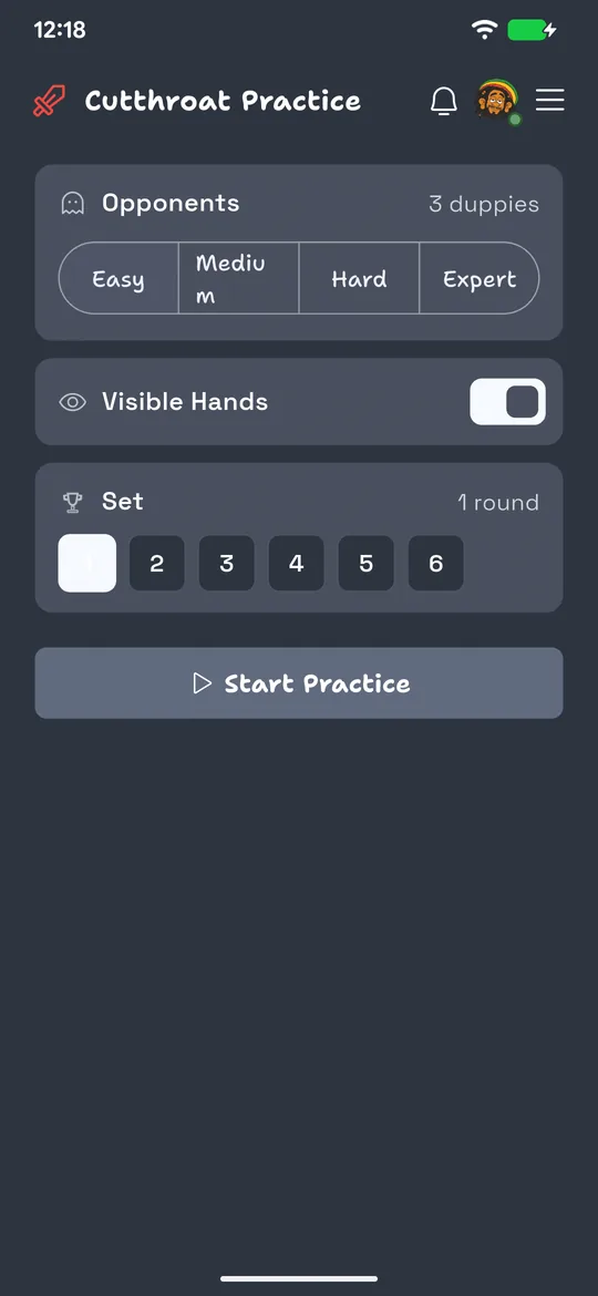 The SixLove practice setup screen